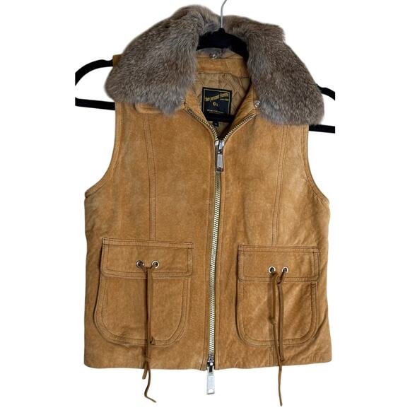 Two Percent Homme Vest Women Small Brown Pig Suede Rabbit Fur Collared Full Zip - Picture 1 of 11